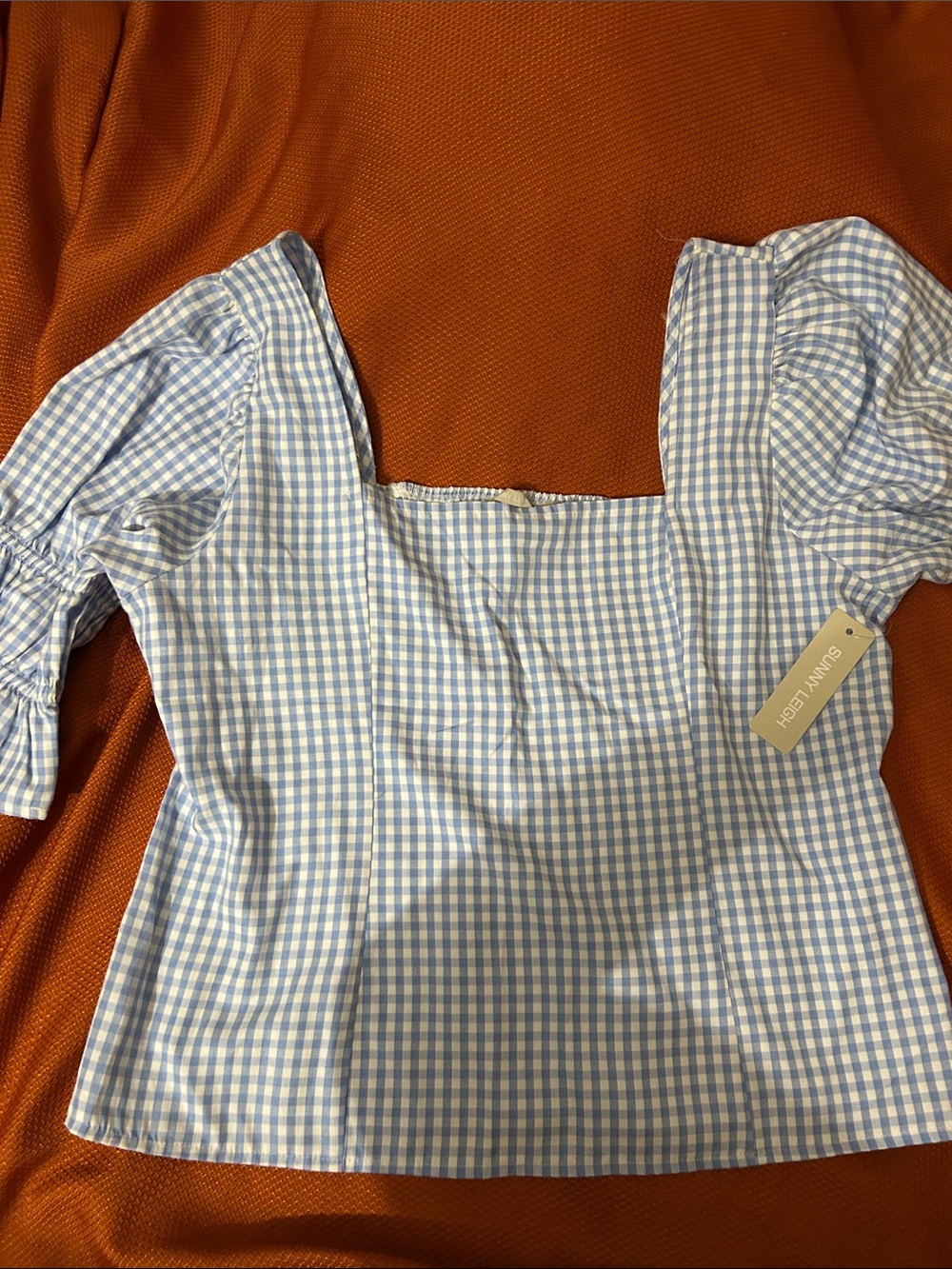 Sunny Leigh Light Blue Gingham Square Neck Puff Sleeve Blouse